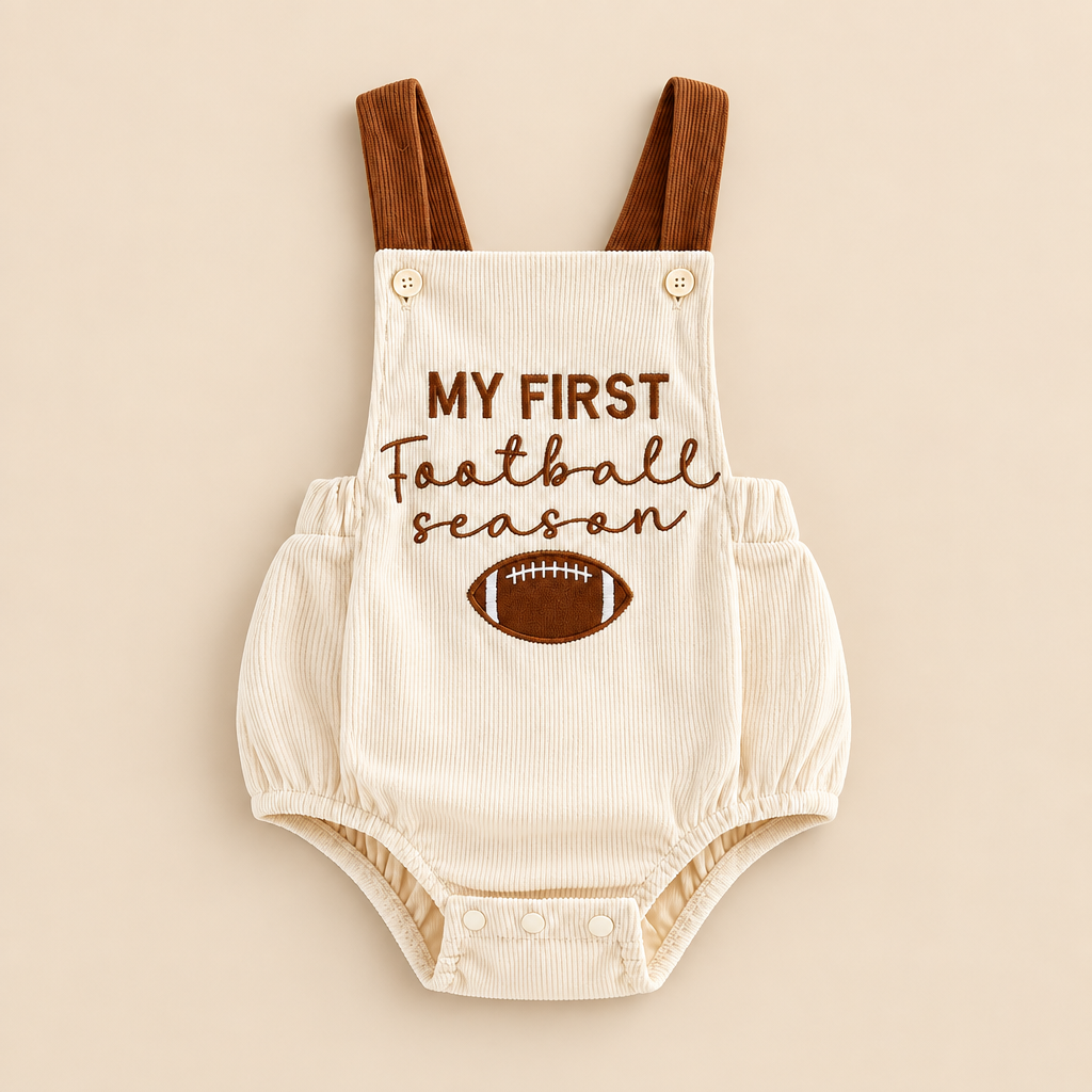 A cream-colored ribbed baby romper with brown shoulder straps, featuring the text 'MY FIRST Football season' and a brown football graphic on the front, displayed against a clean off-white background.