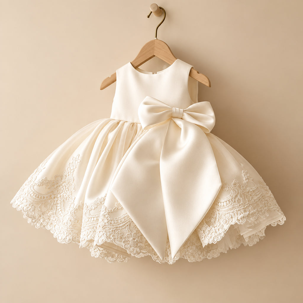 White lace dress with a large bow on a hanger against a white background