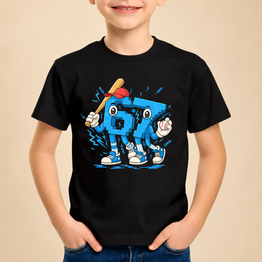 Child wearing a black t-shirt with a cartoon character design on a white background