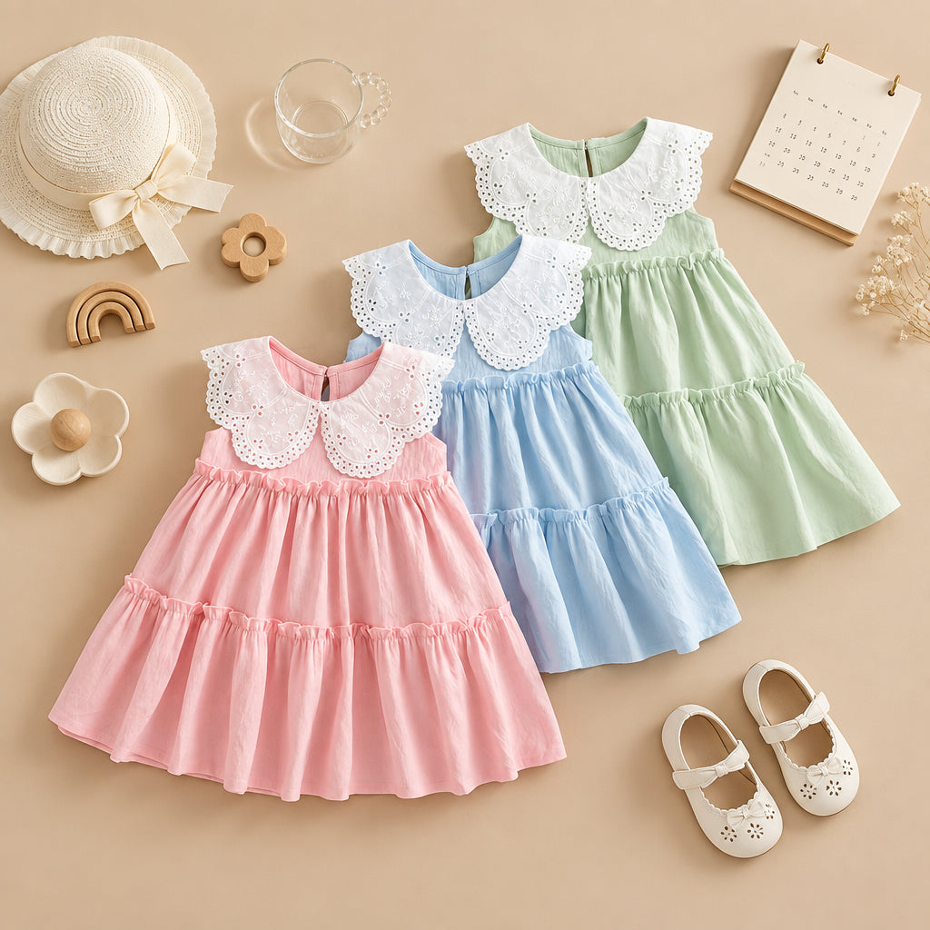 Three baby girl's tiered dresses in pink, light blue, and mint green are arranged on a wooden table. Each dress features a large eyelet Peter Pan collar.
