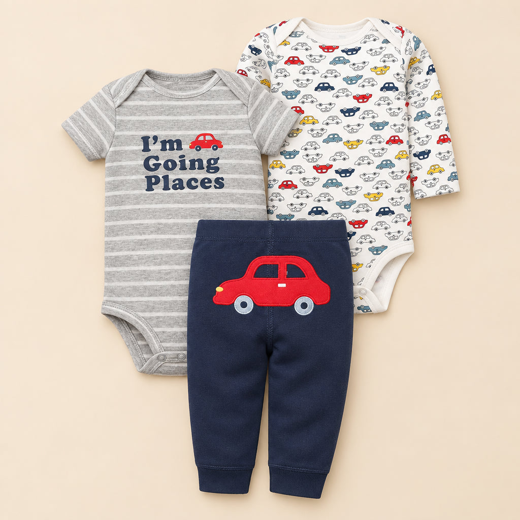 Baby outfit set with car-themed onesie, pants, and shirt on a white background