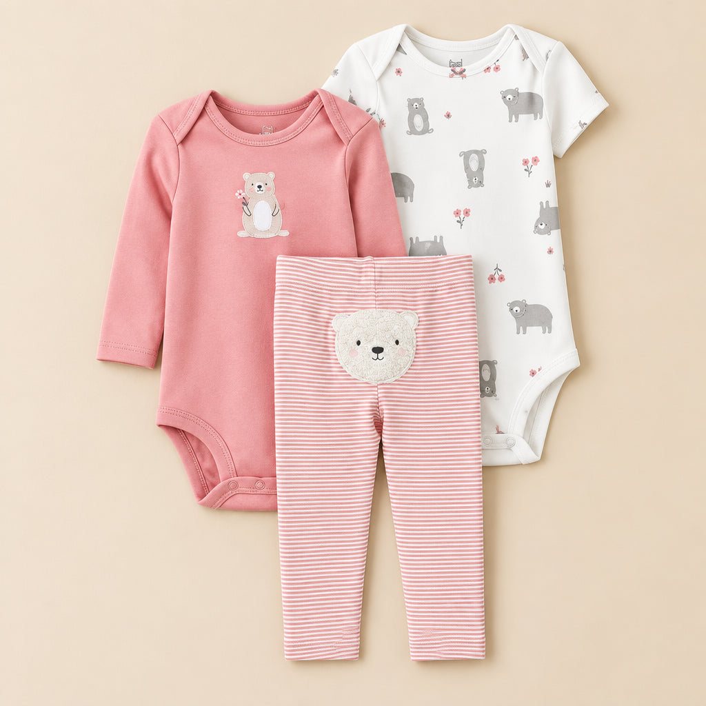 Set of baby clothing including a pink long-sleeve bodysuit, white and gray patterned onesie, and pink and white striped pants on a white background.