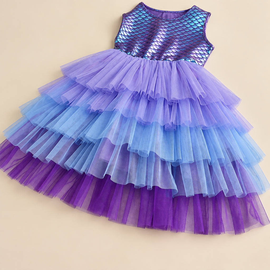 Purple and blue tiered dress with mermaid scale top on a white background