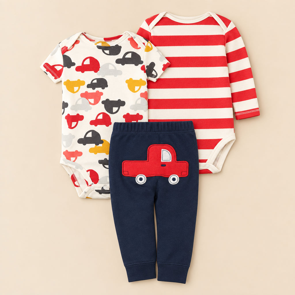 Set of children's clothing with striped shirt, car-themed romper, and truck leggings on a white background