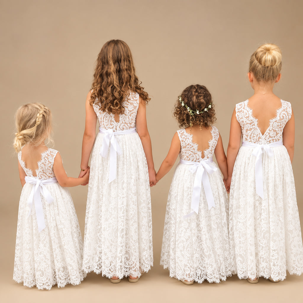 Four young girls in white lace dresses holding hands outdoors.