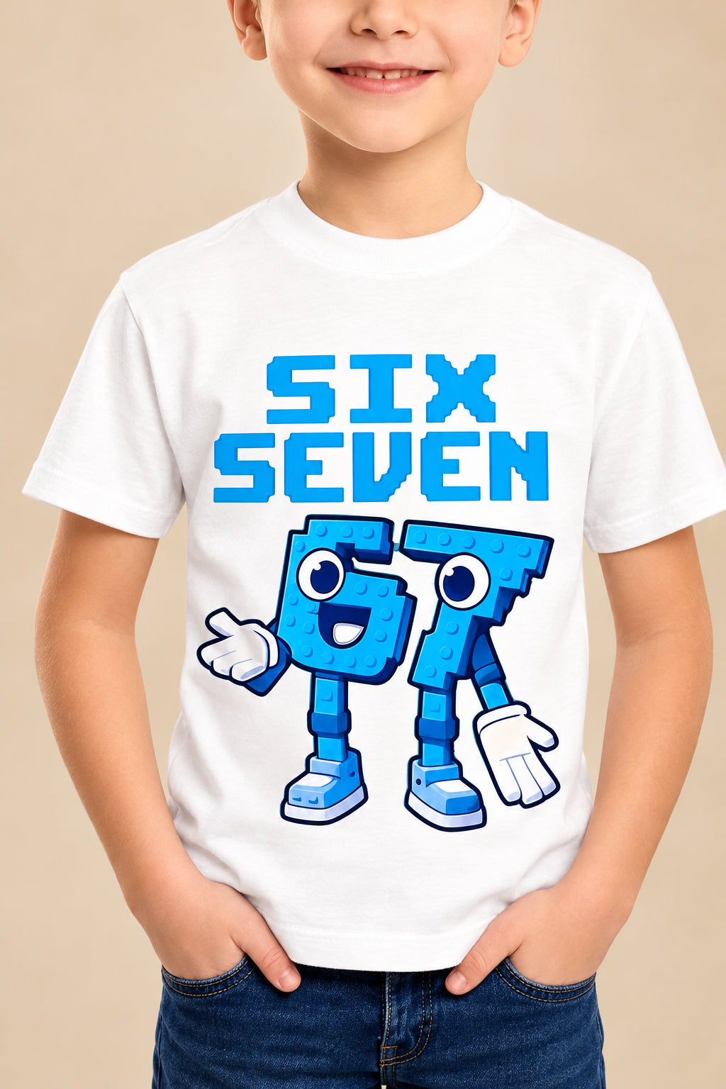 Child wearing a white t-shirt with blue graphics and text on a plain background