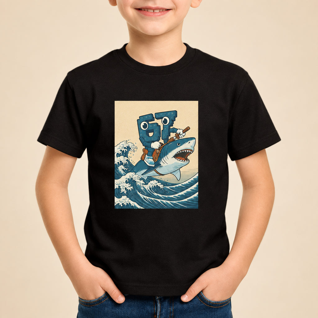 Child wearing a black t-shirt with a graphic design of a character on a shark and wave.