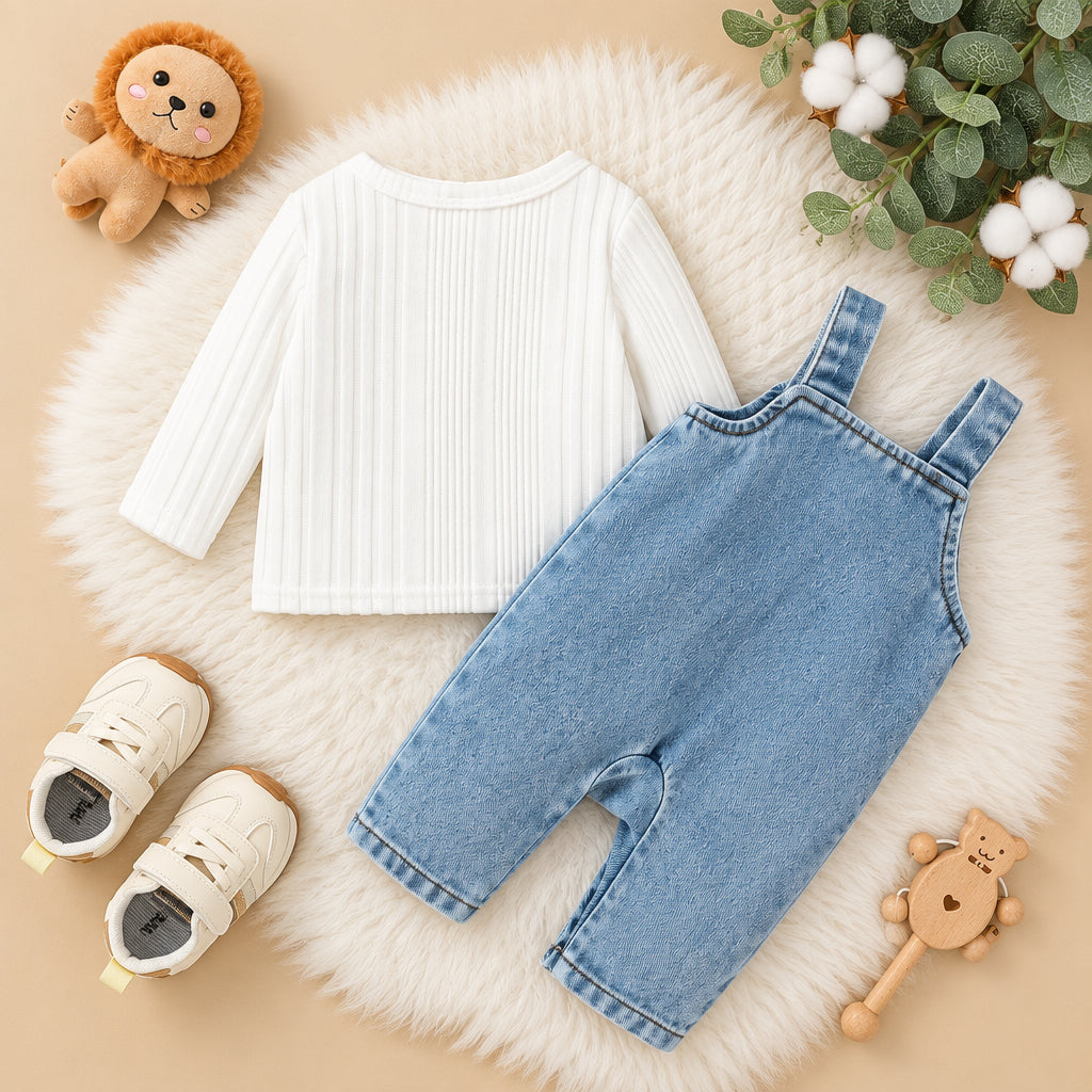 Children's outfit with white long-sleeve shirt, blue denim overalls, and shoes on a textured surface.