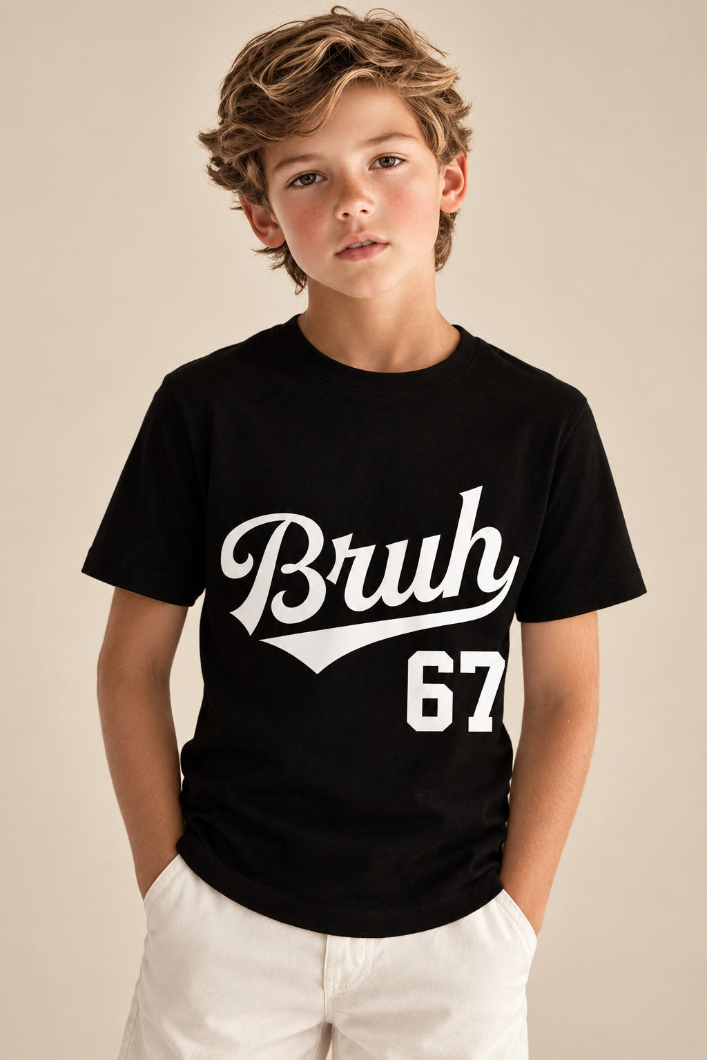 Child wearing a black t-shirt with 'Bruh 67' text on a white background