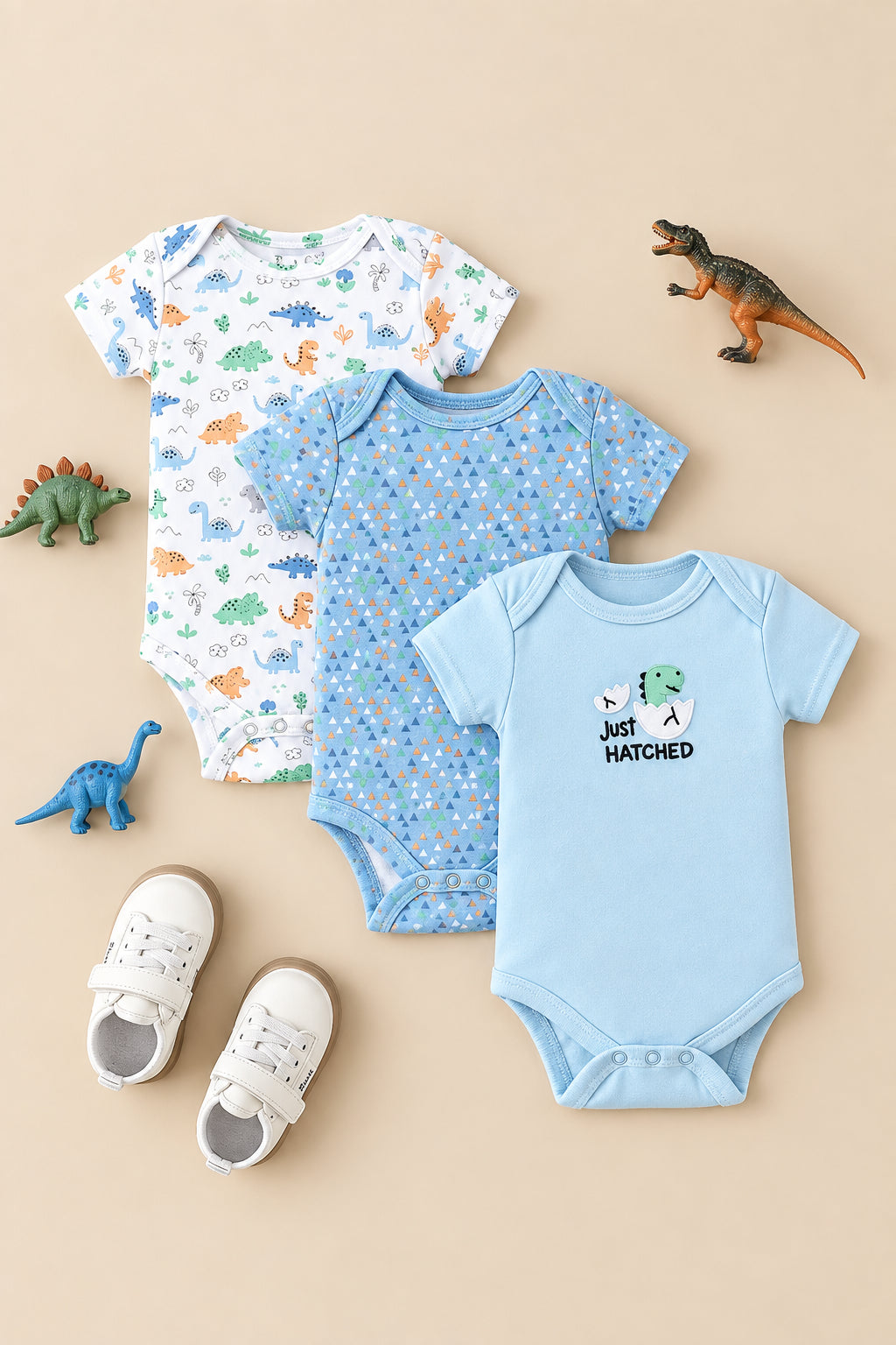Three baby bodysuits with dinosaur patterns on a wooden surface, accompanied by baby shoes and a toy.