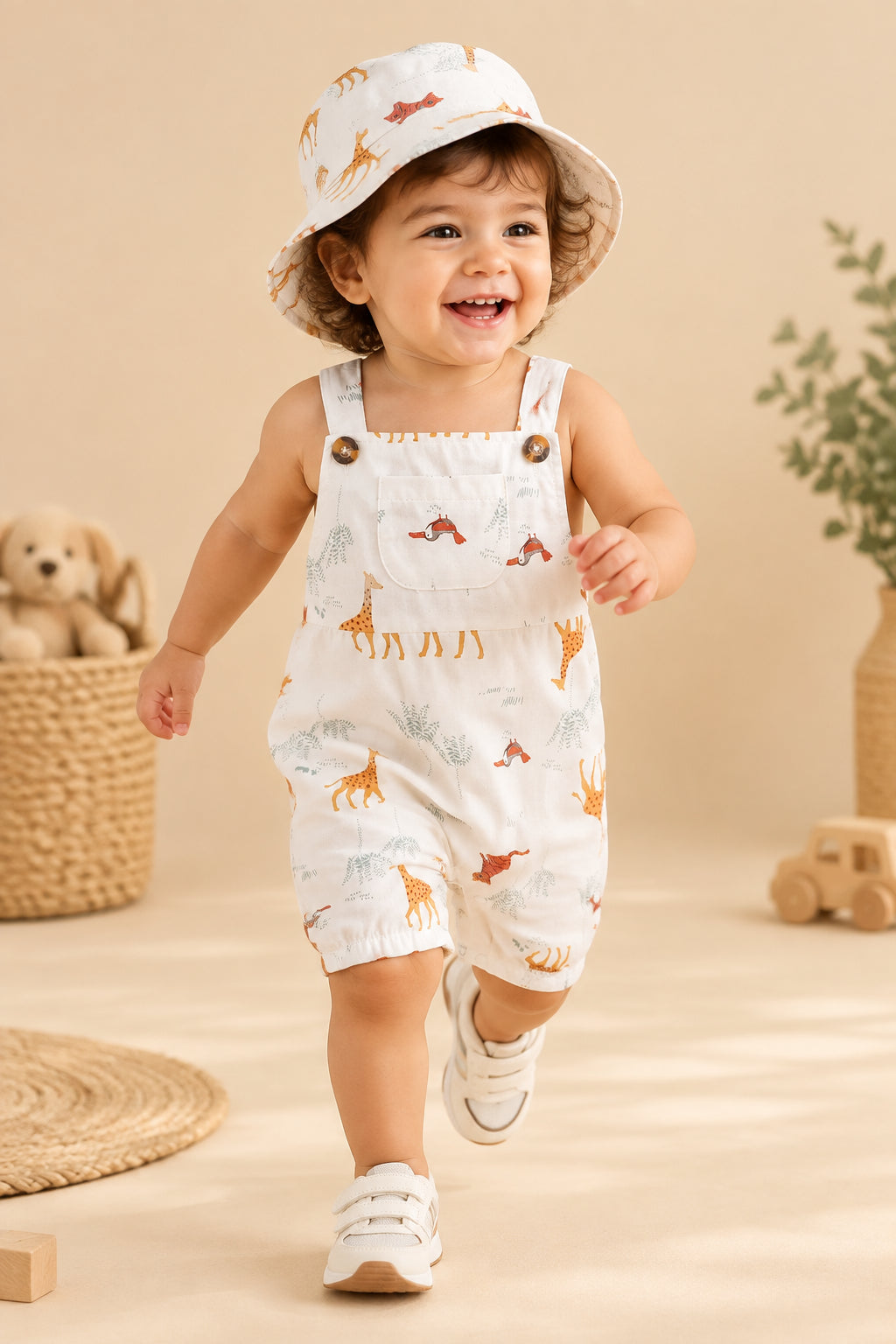 Playful Animal Overall & Hat Set