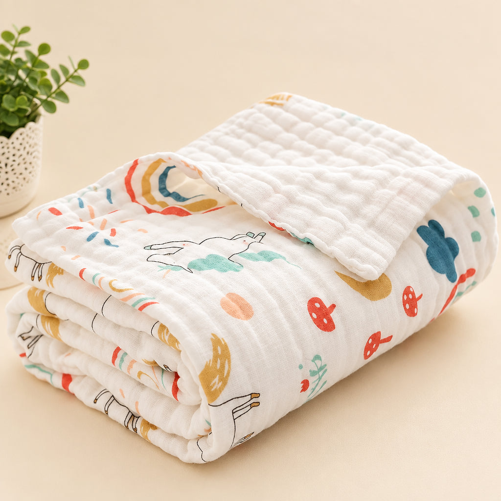 Folded baby blanket with colorful animal pattern on a white surface