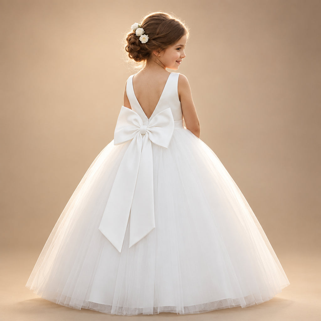 A young girl stands outdoors in a sunlit garden wearing a white ball gown flower girl dress with a large bow at the back. The dress has a sleeveless V-neck bodice and a voluminous tulle skirt.