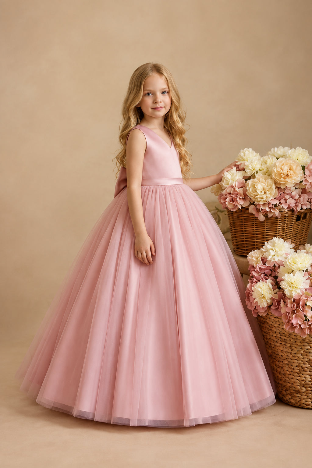 A young girl stands in a vintage-style room wearing a sleeveless dusty pink ball gown with a full tulle skirt. She is posed next to two woven baskets filled with pink and cream flowers, set against a beige wallpapered wall with ornate gold and blue scrollwork.