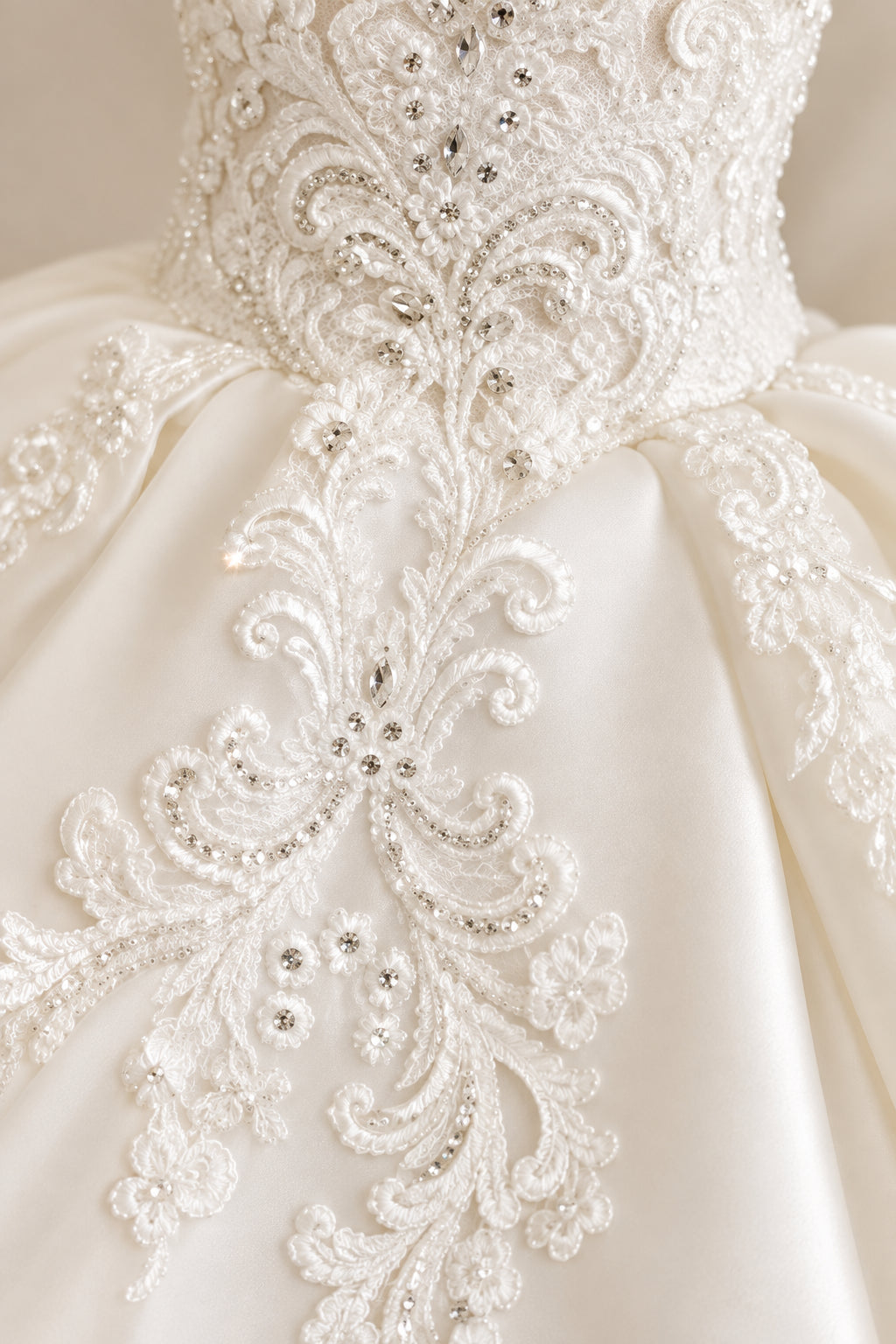 Close-up of a white bridal dress with intricate lace applique and embroidered detailing on the bodice and skirt.