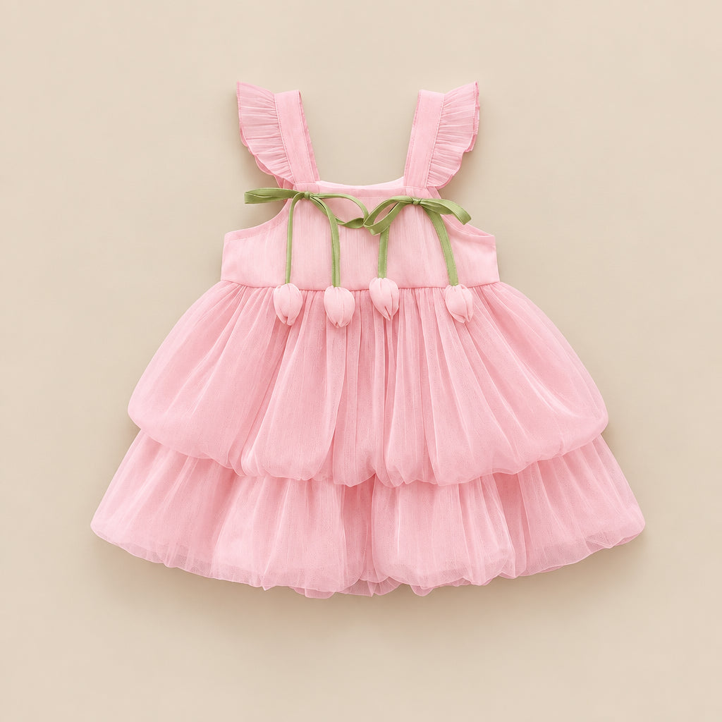 A baby girl's pink tiered tulle dress with ruffled shoulder straps, green ribbon bows, and pom-pom details, displayed on a gray background with decorative props.