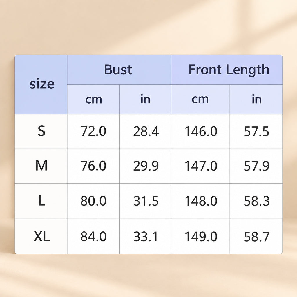 A size chart table showing measurements for sizes S through XL, with columns for bust in cm and inches and front length in cm and inches.
