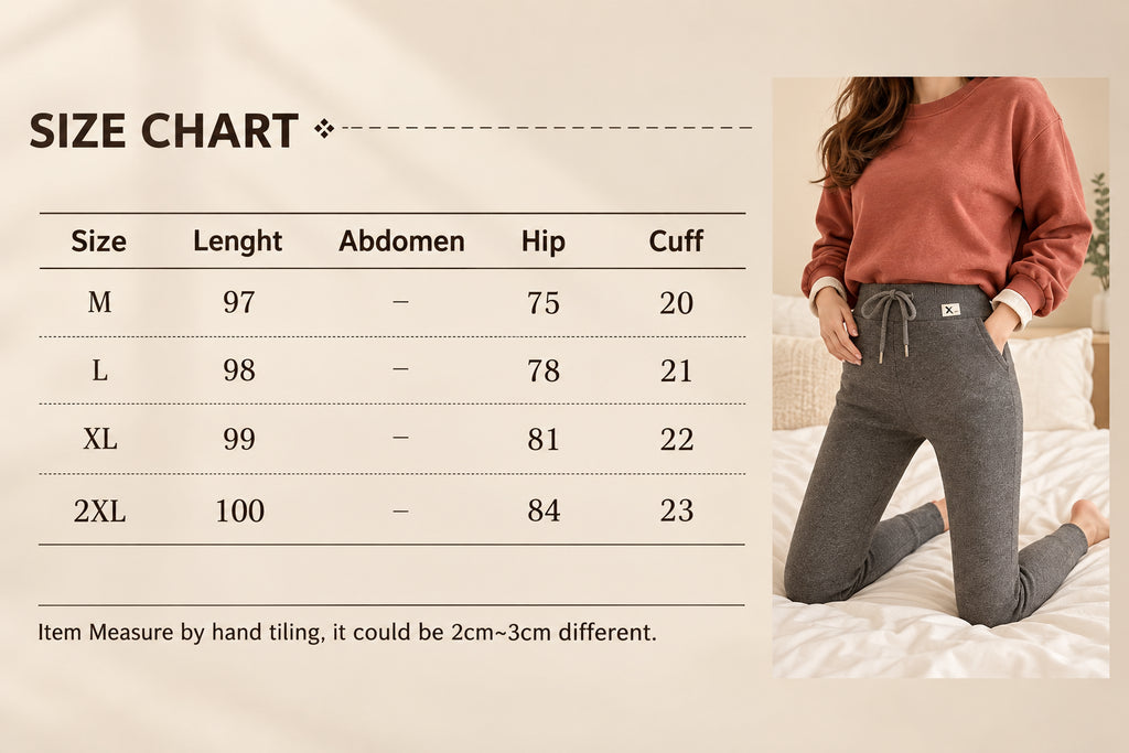 Size chart for pants with a person wearing gray pants on the right side.