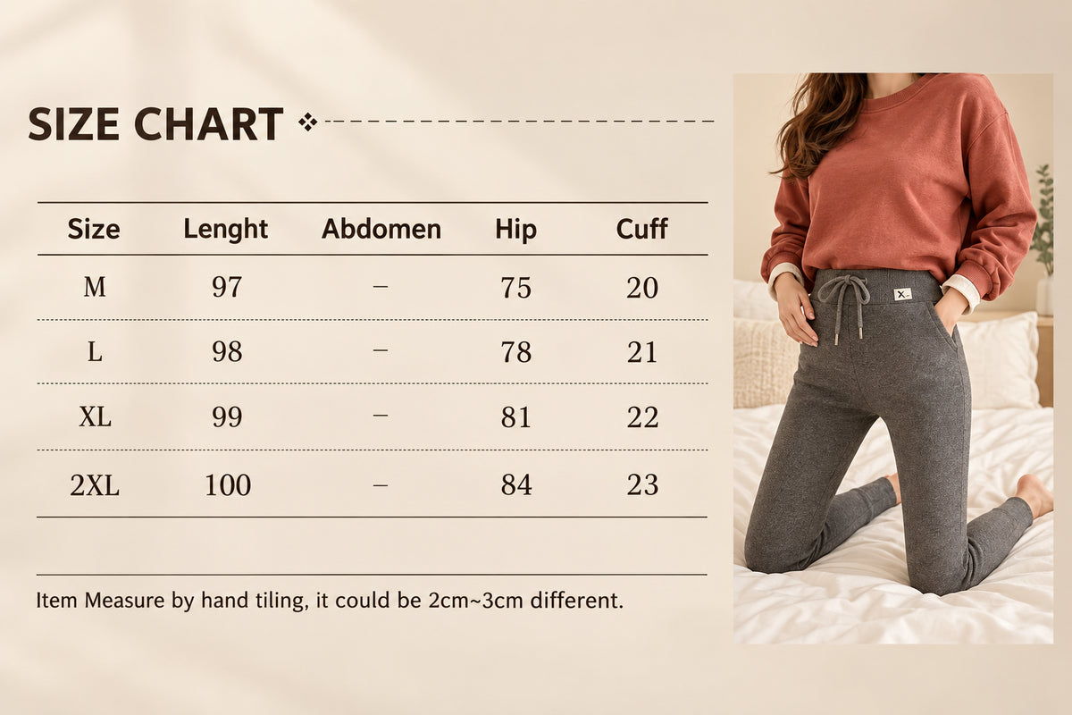 Size chart for pants with a person wearing gray pants on the right side.