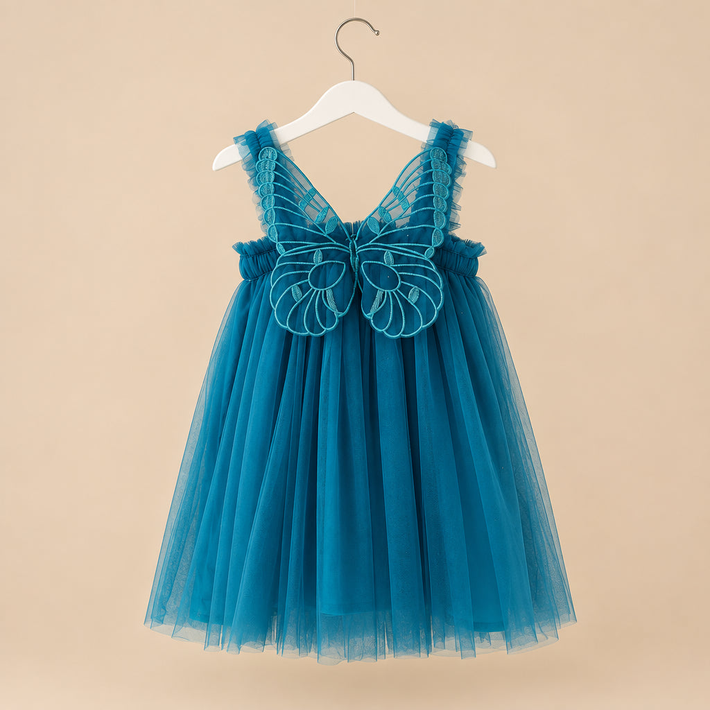 Teal dress with butterfly wings on a white hanger against a white background