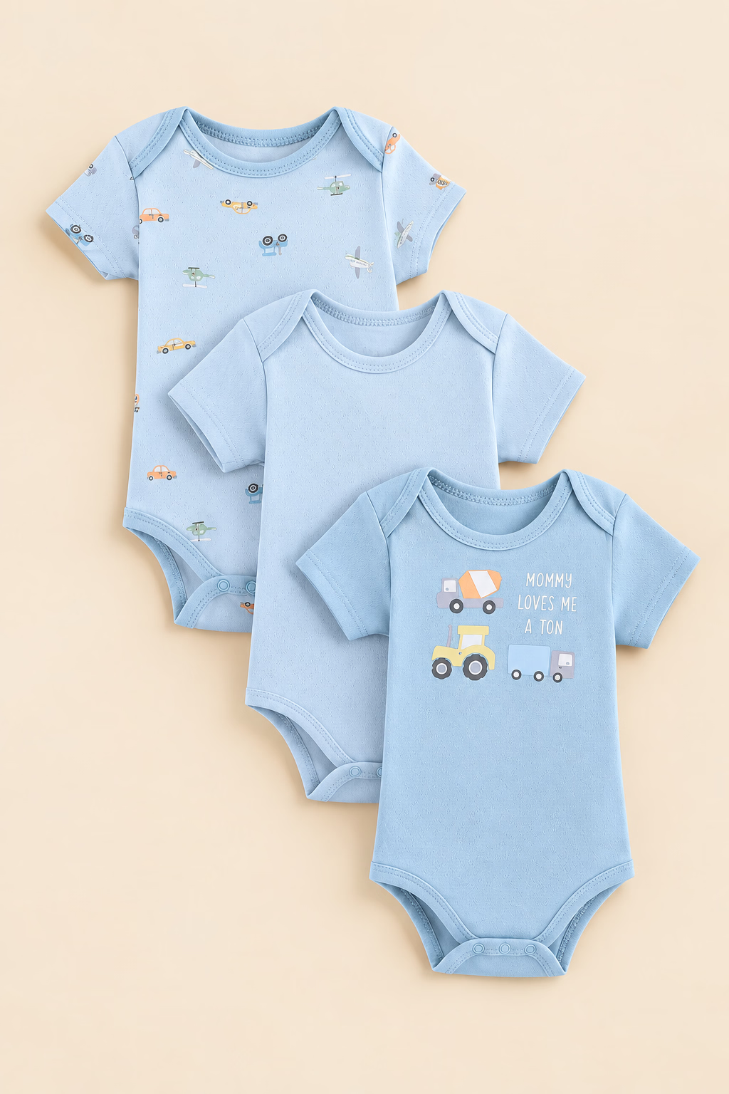Set of three light blue baby bodysuits with printed designs on a white background