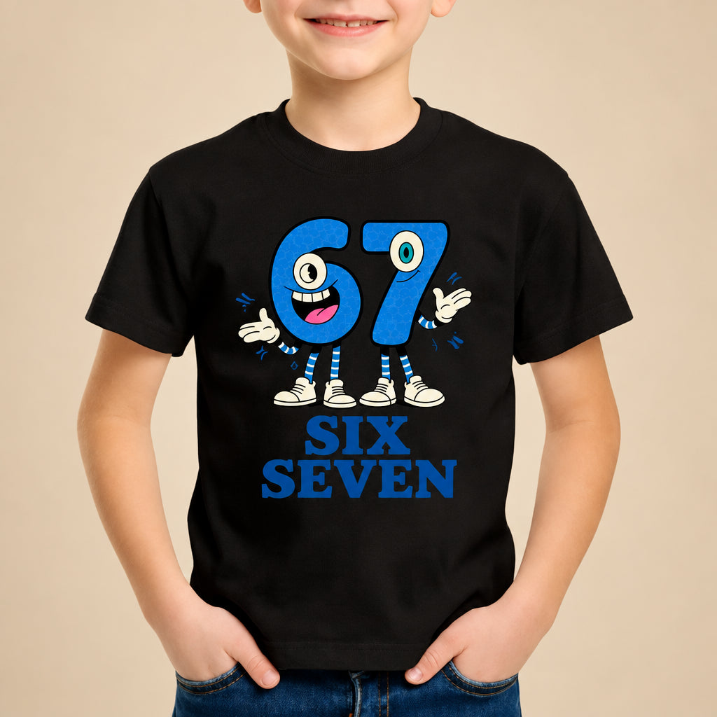 Child wearing a black t-shirt with a blue and white design featuring the number 67 and text.