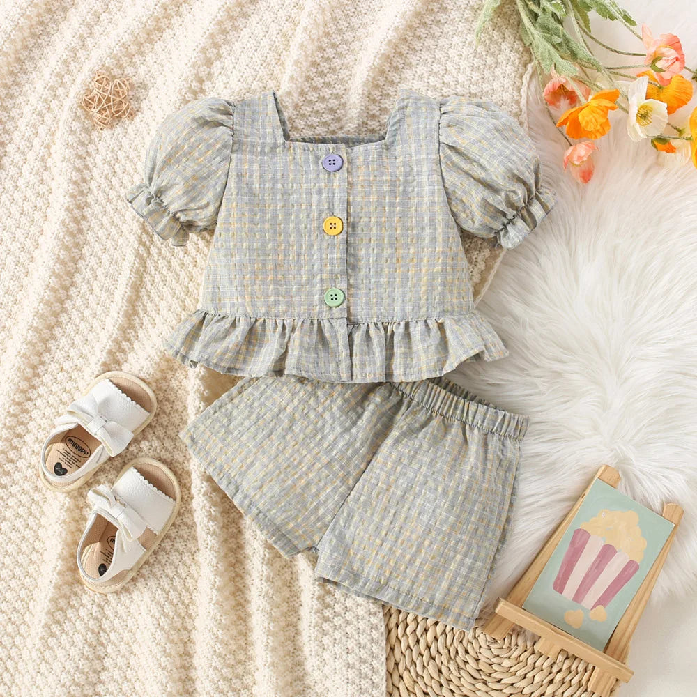 Gingham Bubble-Sleeve Set