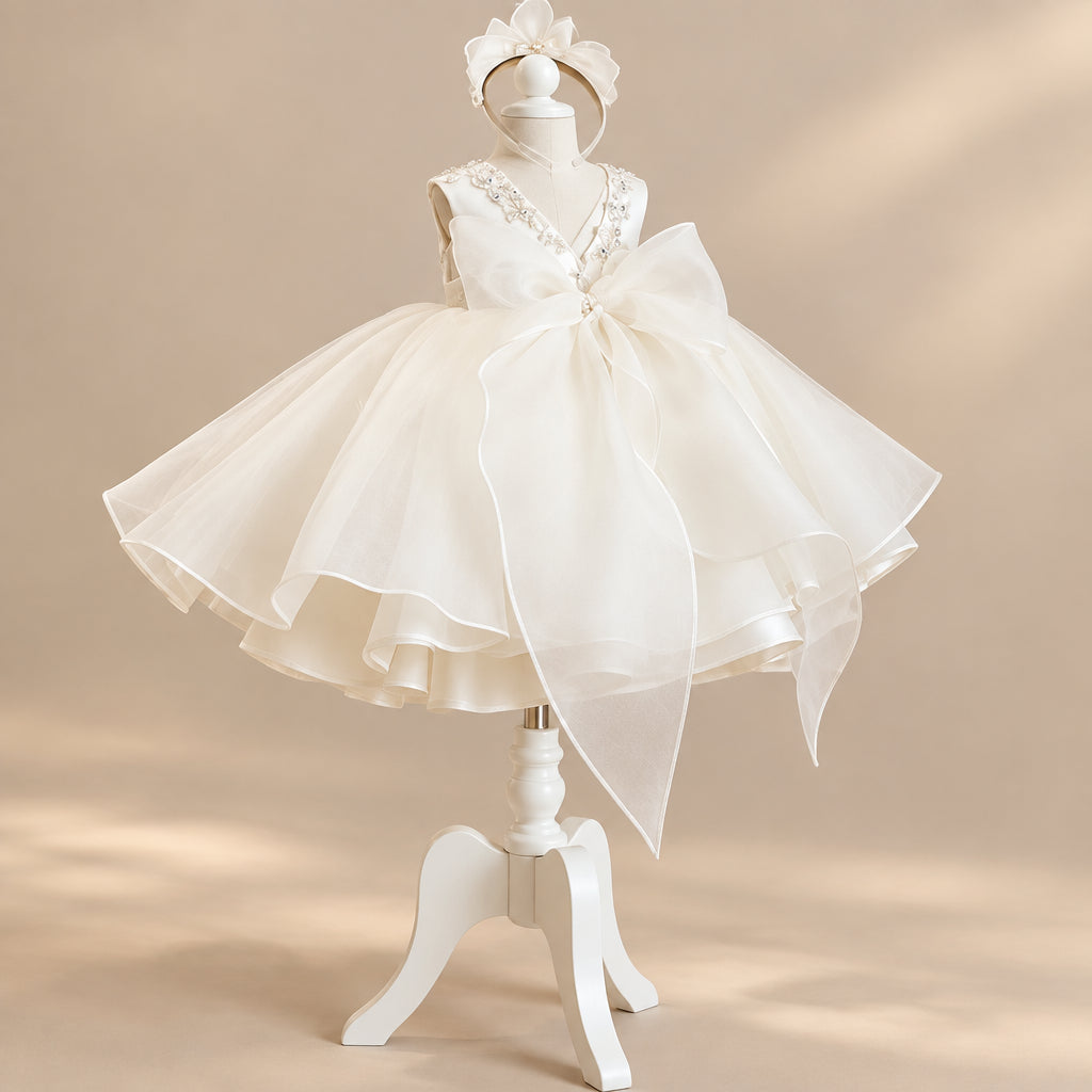 White dress with a large bow on a mannequin in a softly blurred room.