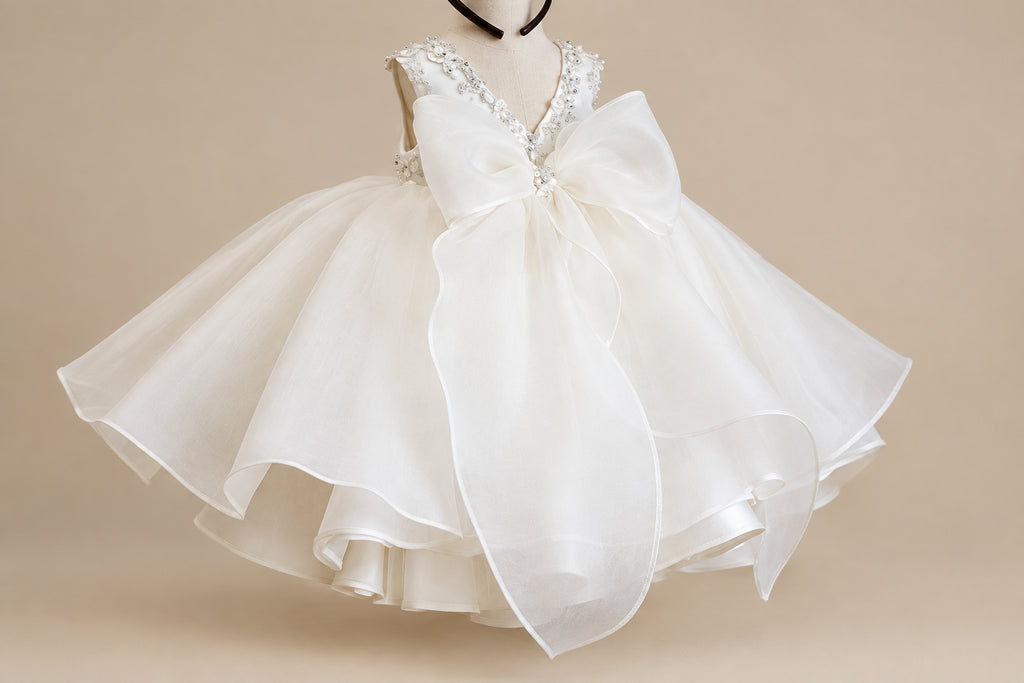 An ivory sleeveless baby dress with a large matching bow at the front, displayed on a mannequin in a softly lit indoor setting.