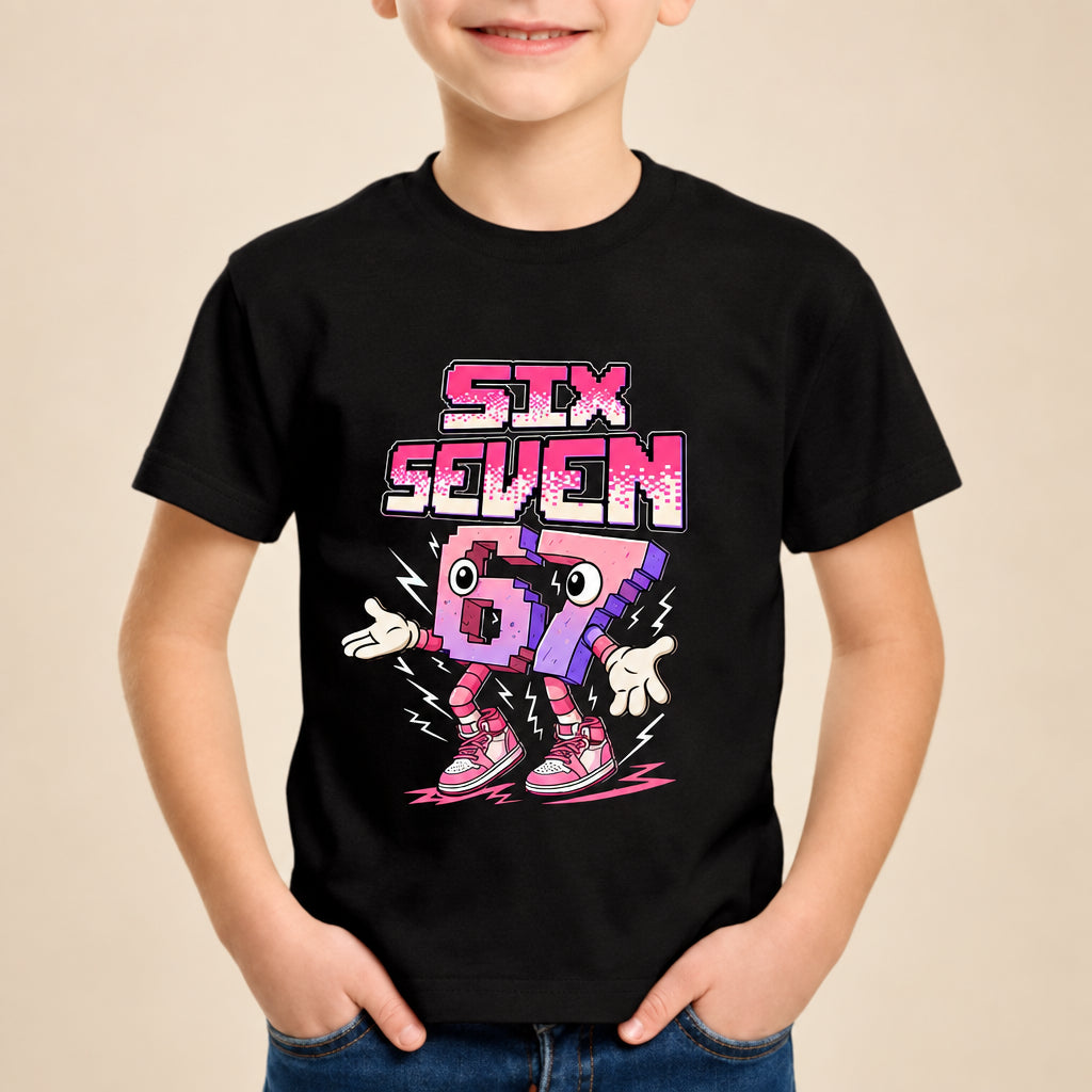 Child wearing a black t-shirt with a colorful graphic design on a white background