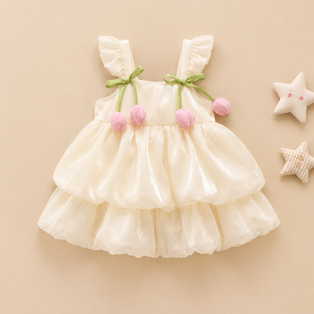 A baby girl's tiered ruffle romper dress in cream white, featuring light green ribbon bows with pink pom-pom accents, laid flat on a gray background with decorative props.