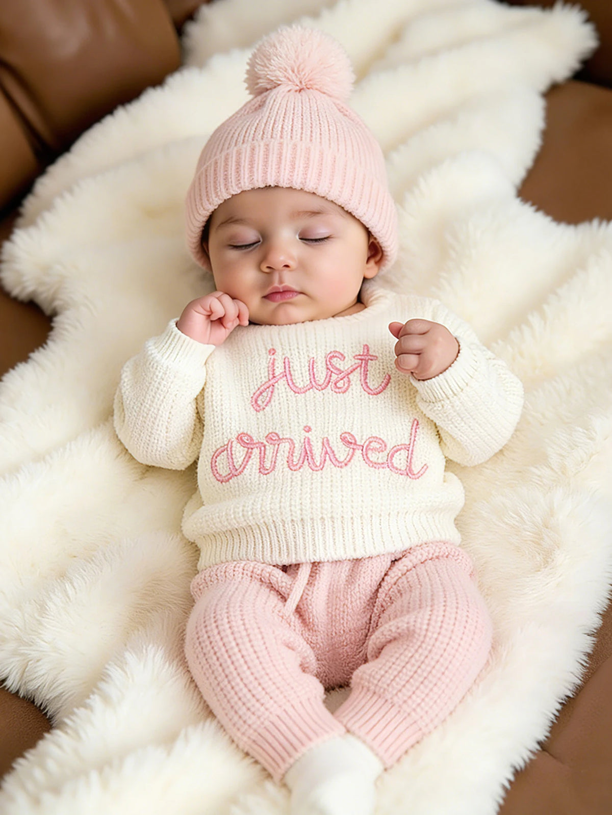 Baby in pink and white outfit with 'just arrived' text, lying on a fluffy white blanket.