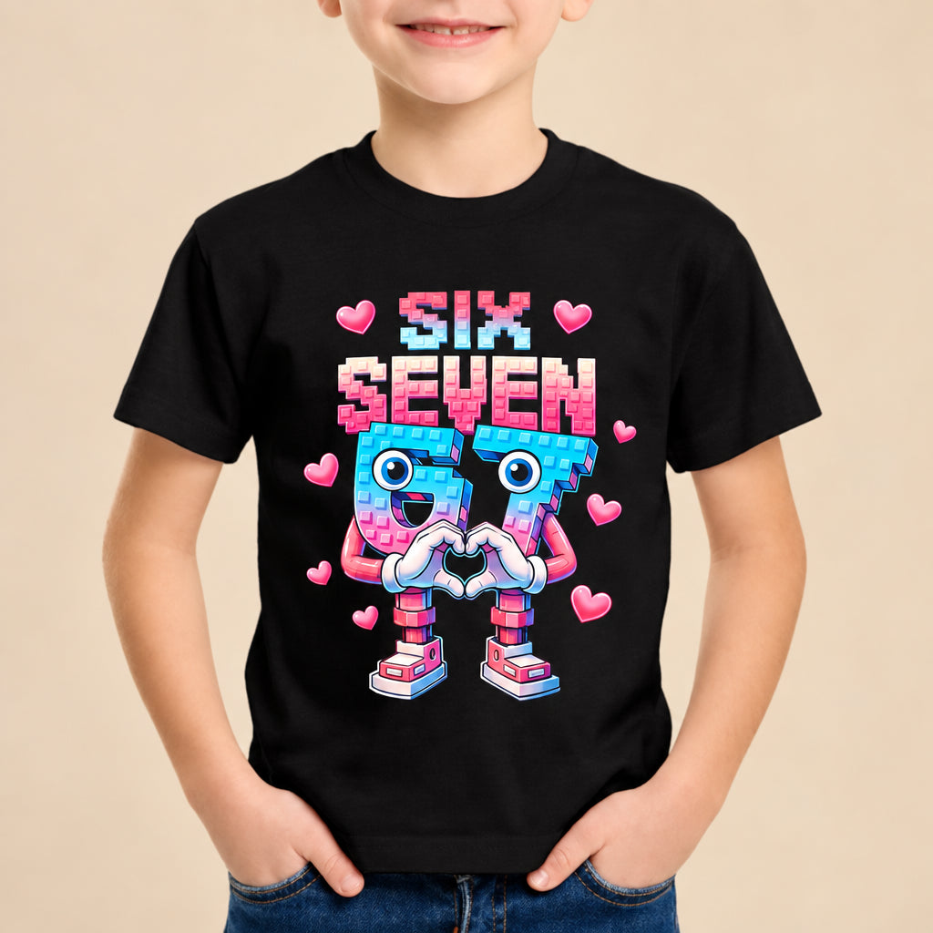 Child wearing a black t-shirt with a colorful robot design and text on a white background