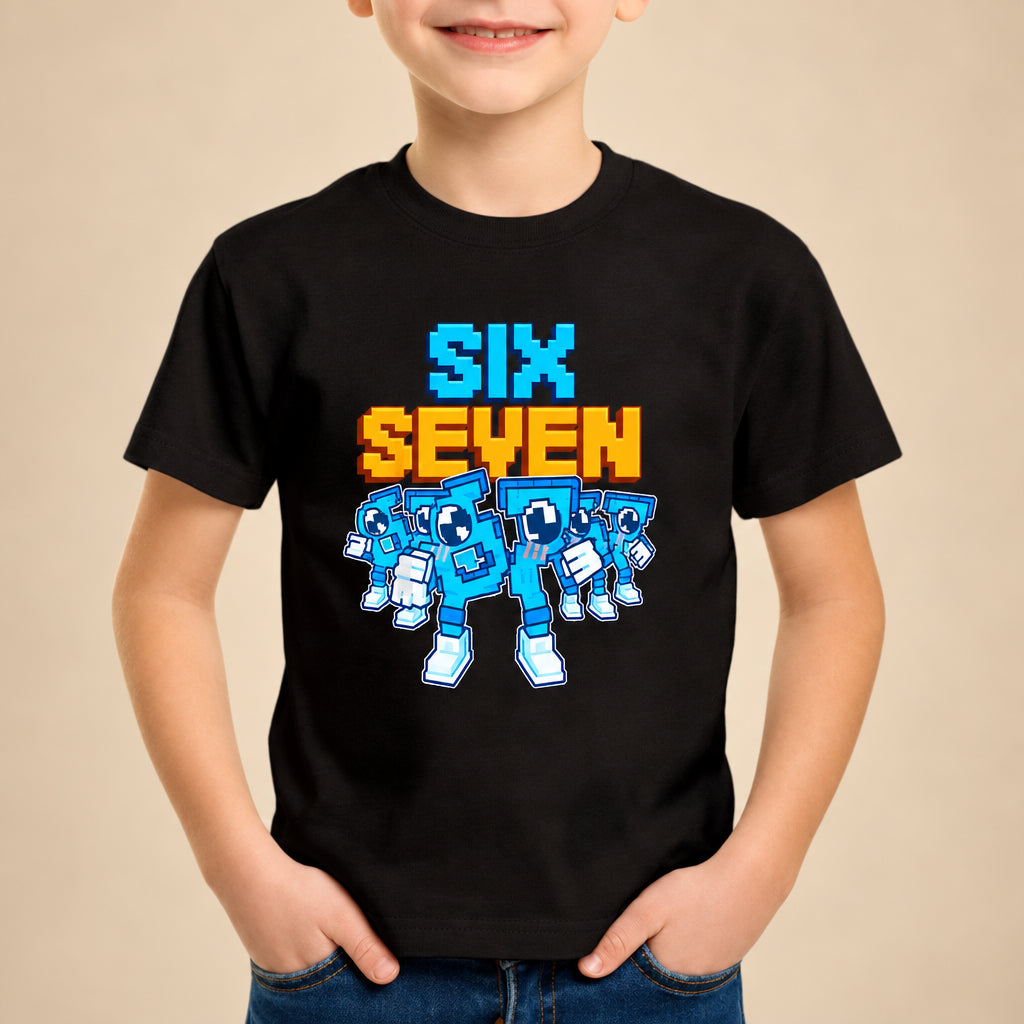 Child wearing a black t-shirt with colorful text and robot graphics on a white background