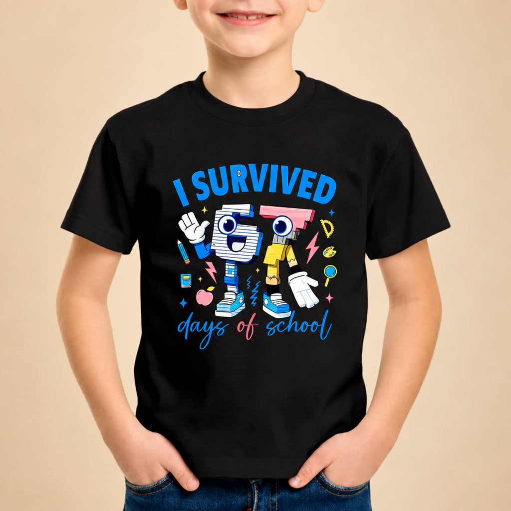 Child wearing a black t-shirt with a colorful graphic and text on a white background