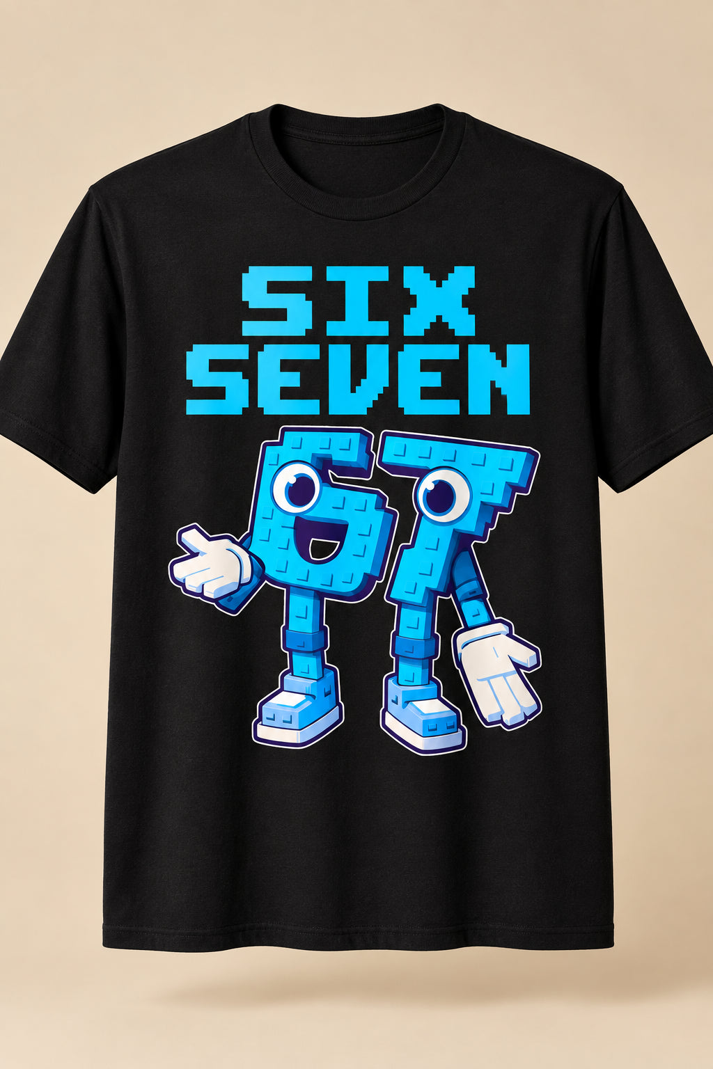 Black t-shirt with a blue robot design and 'SIX SEVEN' text on a white background
