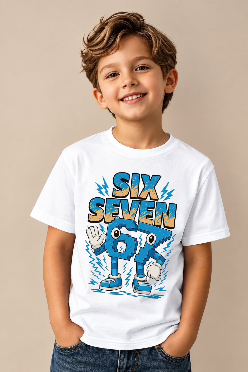 Child wearing a white t-shirt with a colorful design on a beige background