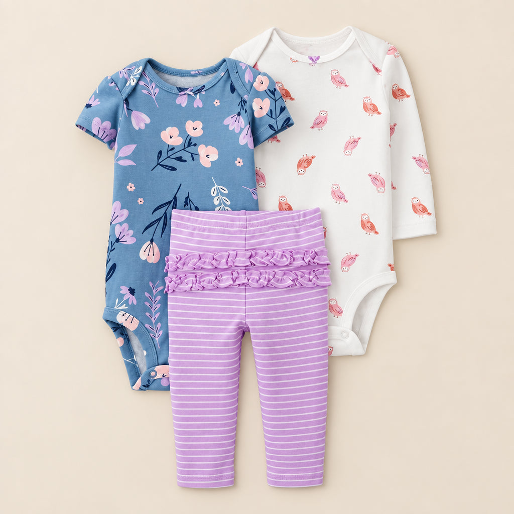 Set of baby clothing including a floral onesie, striped leggings, and a bird-patterned onesie on a white background.