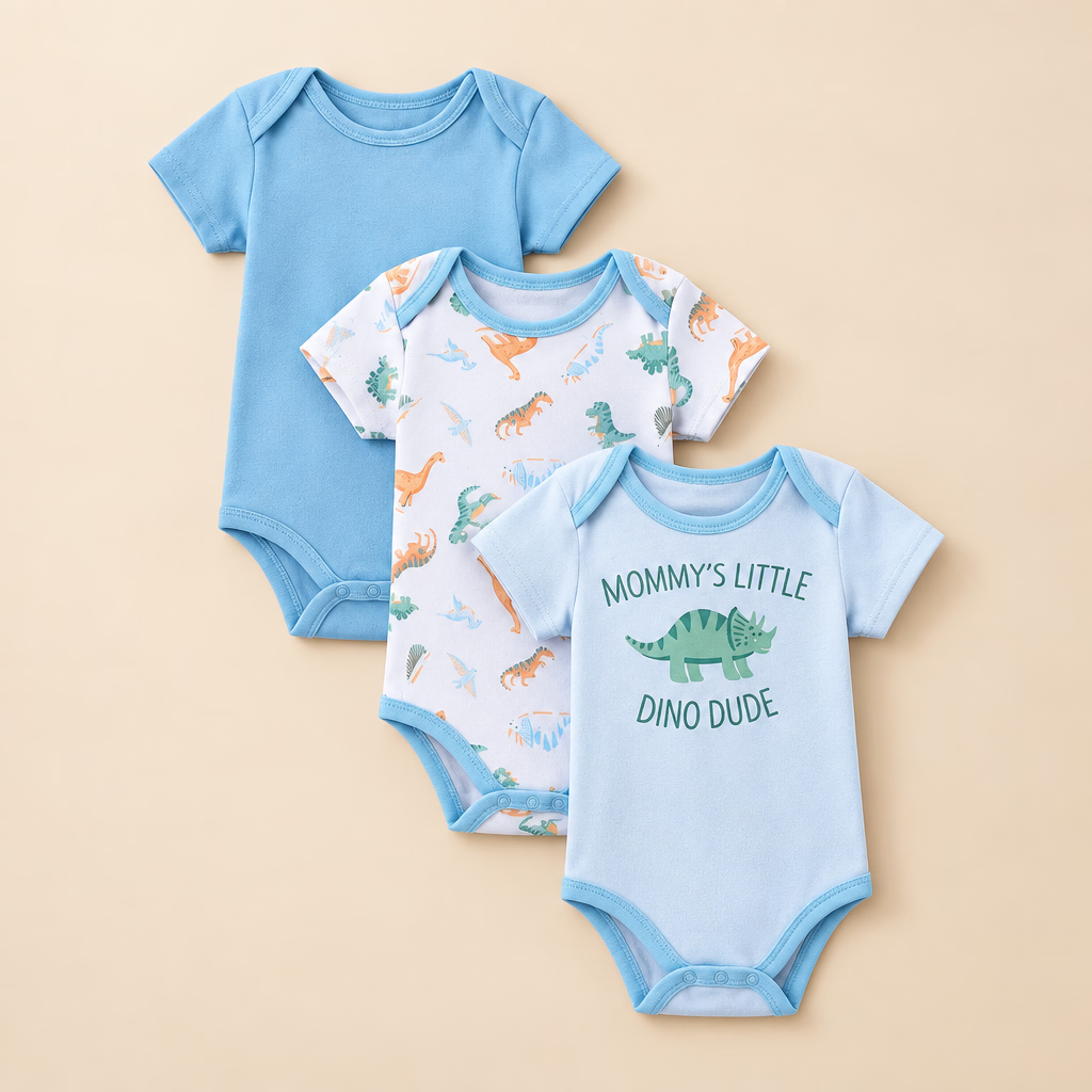 Three baby short-sleeve bodysuits arranged in an overlapping stack on a white background. The set includes a solid light blue bodysuit, a white bodysuit with a light blue and orange dinosaur print, and a light blue bodysuit with the text 'MOMMY'S LITTLE DINO DUDE' and a green dinosaur graphic.
