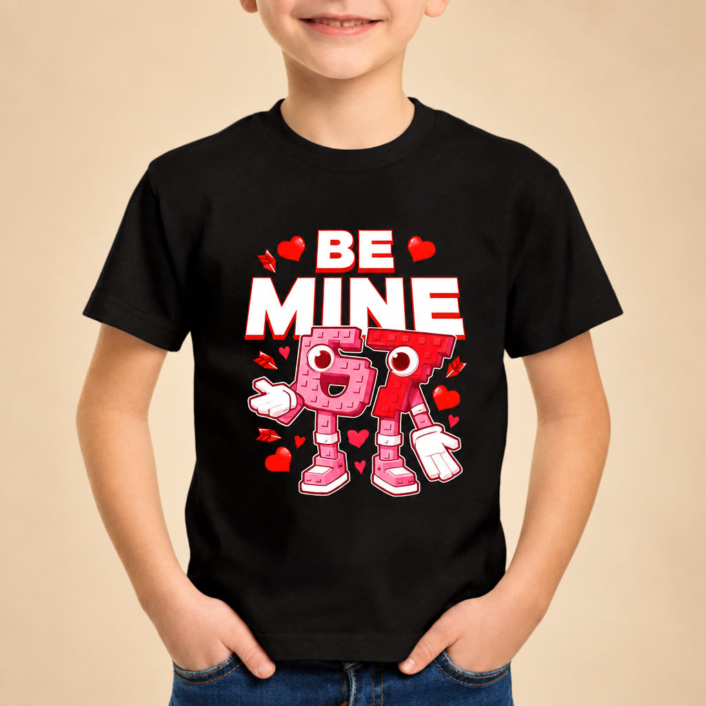 Child wearing a black t-shirt with 'Be Mine' and cartoon character design on a white background