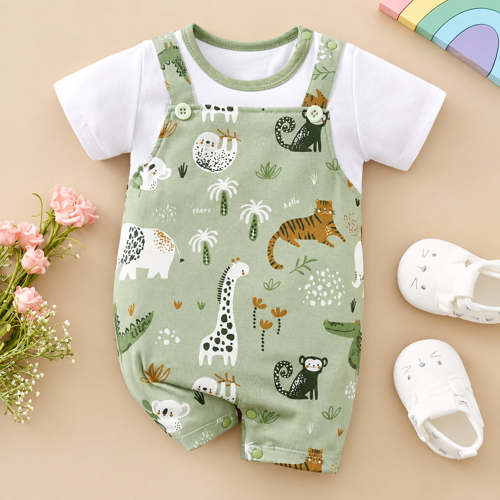 Baby short-sleeve romper in sage green with a safari animal print, styled flat-lay on a light wood surface with white t-shirt underneath and matching white booties.