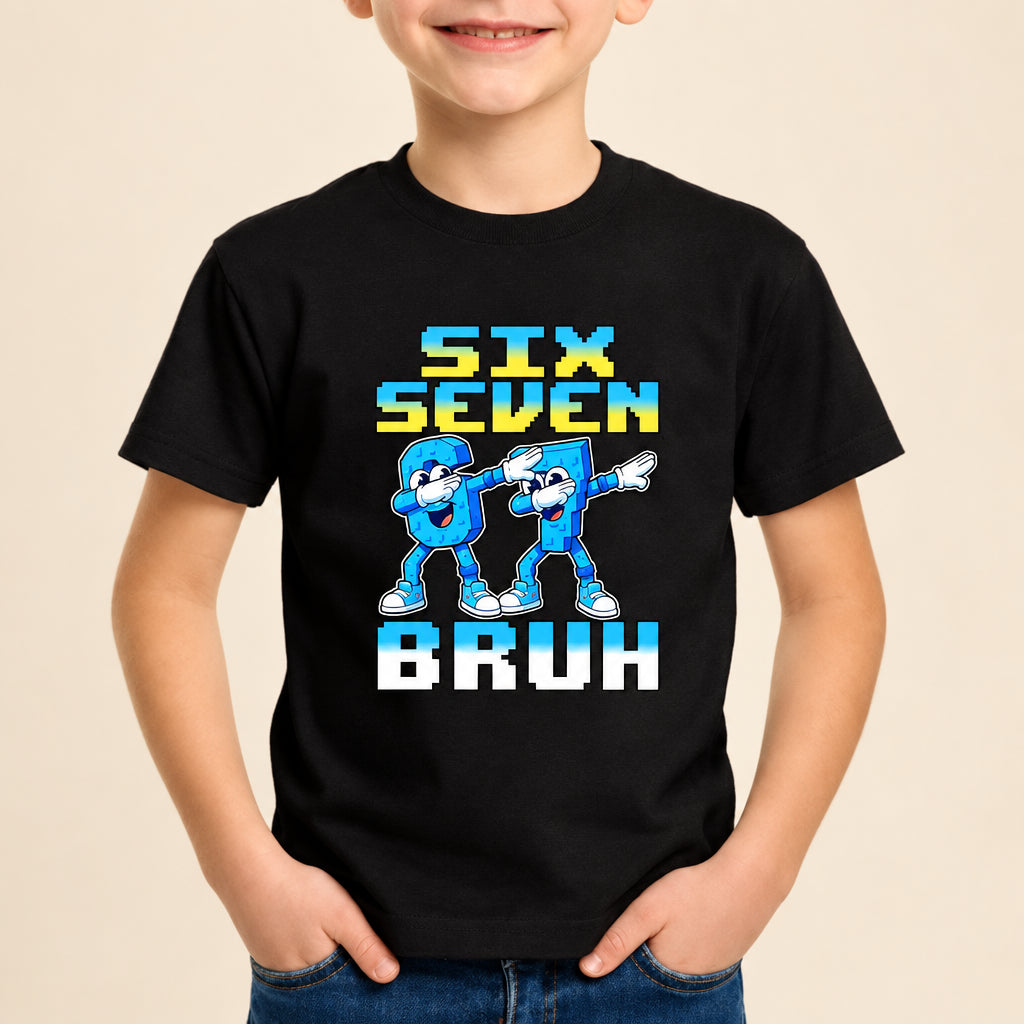 Child wearing a black t-shirt with colorful graphics and text on a white background