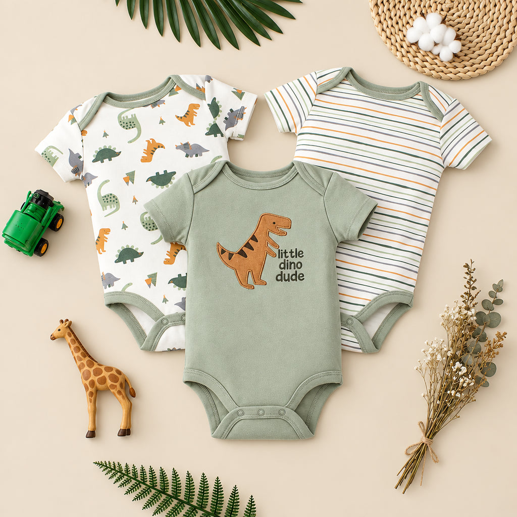 Baby onesies with dinosaur designs on a textured surface with toys and plants.
