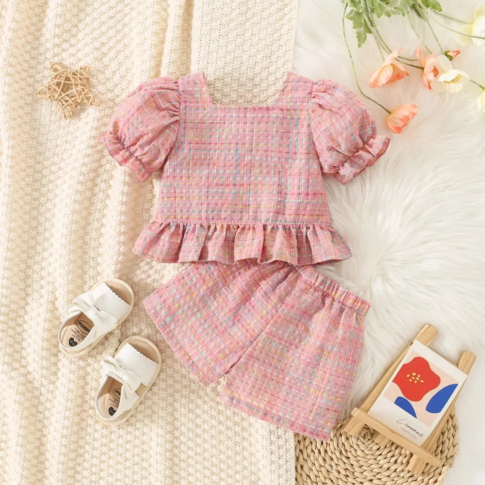 Gingham Bubble-Sleeve Set