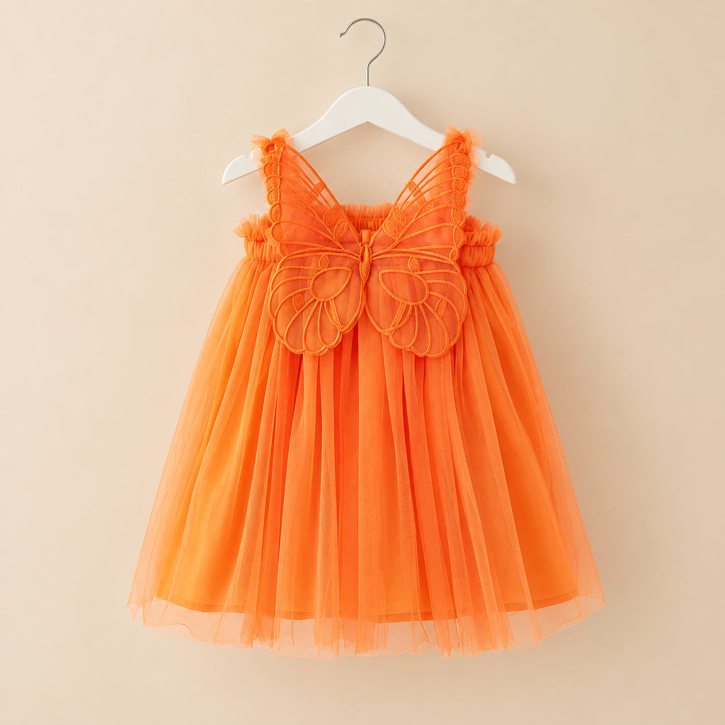 Orange dress with butterfly details on a white hanger against a white background