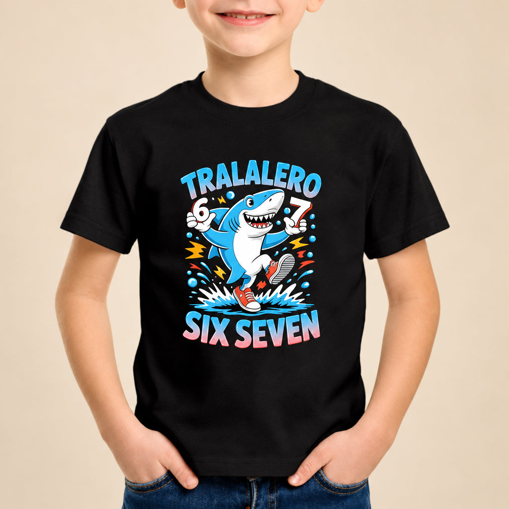 Child wearing a black t-shirt with a colorful graphic and text on a white background
