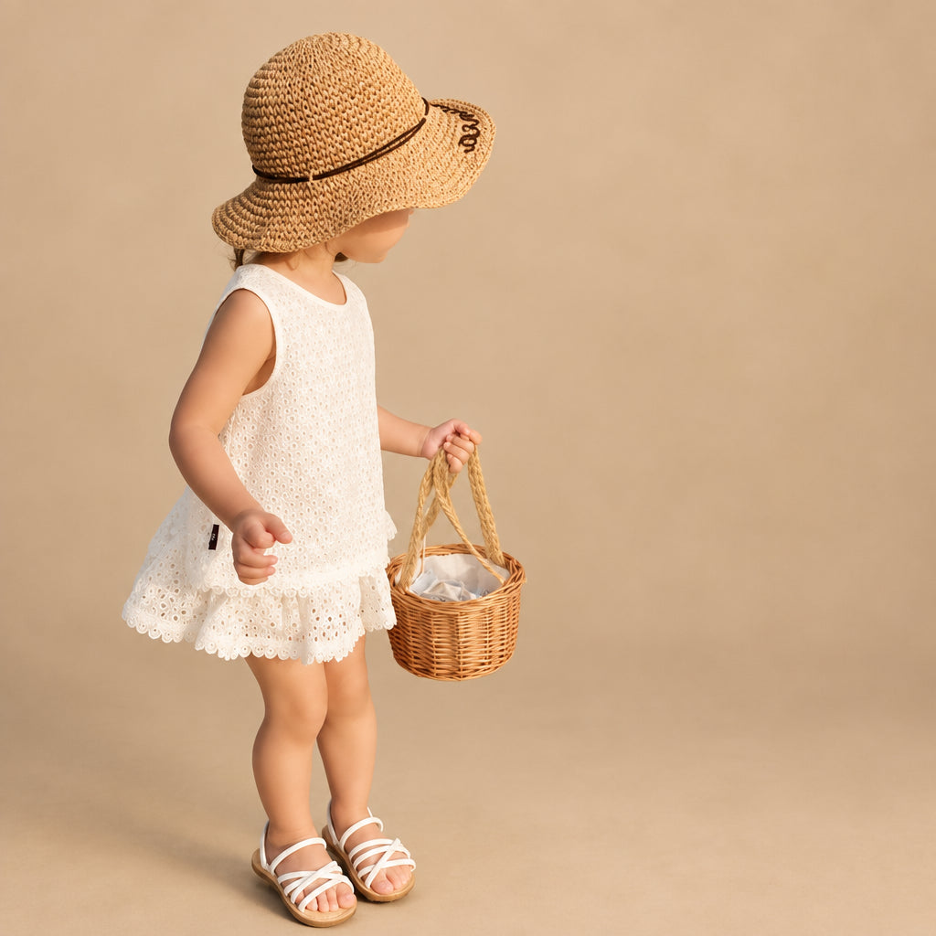 Child in a white dress and straw hat holding a basket on a rocky beach.