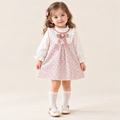 A toddler girl stands against a warm cream studio background wearing a white long-sleeve blouse under a pink-and-white tweed pinafore dress with a large pink bow at the neckline, white knee-high socks, and white Mary Jane shoes.