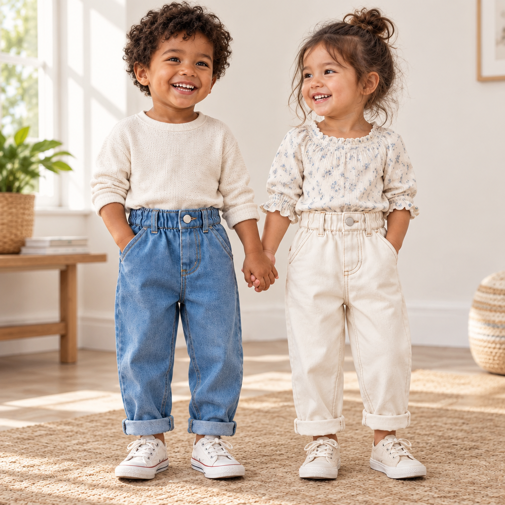 Two young children standing indoors and holding hands, wearing matching cream long-sleeve tops and different pants—one in light blue denim and one in cream—paired with cream sneakers.